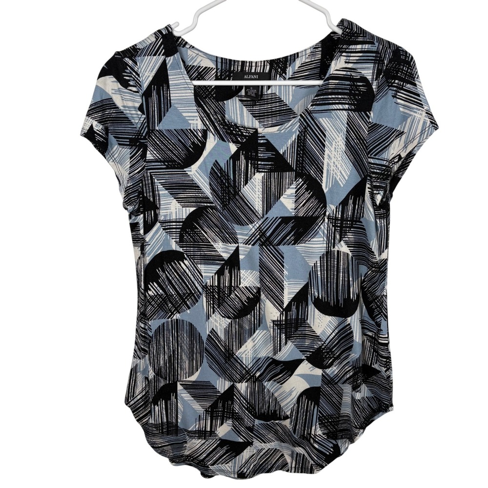 Alfani Blouse Small Blue Black Geometric Abstract Print Cap Sleeve Top Career